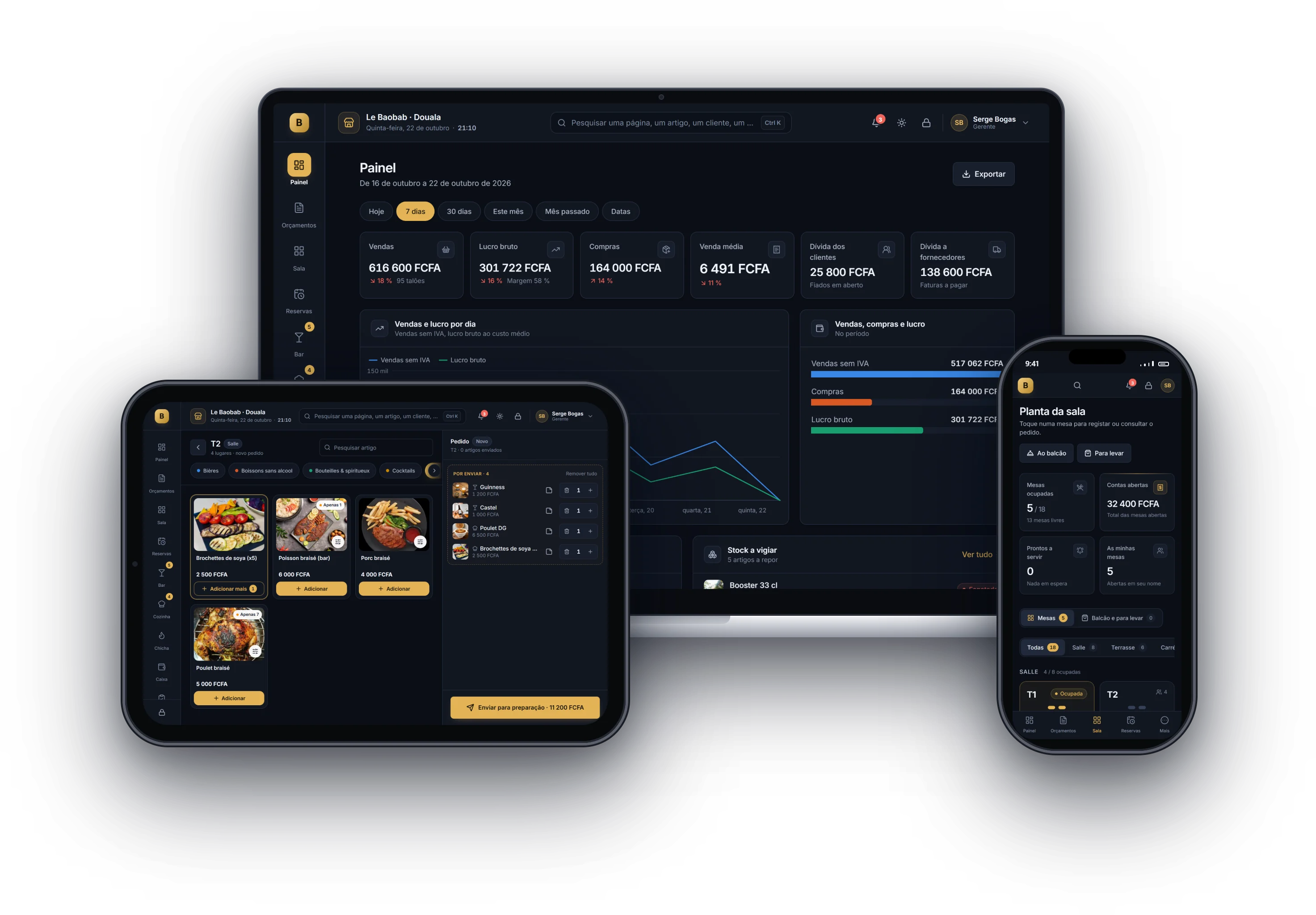 Bogas POS em computador, tablet e telemóvel: painel, registo de pedidos e planta da sala
