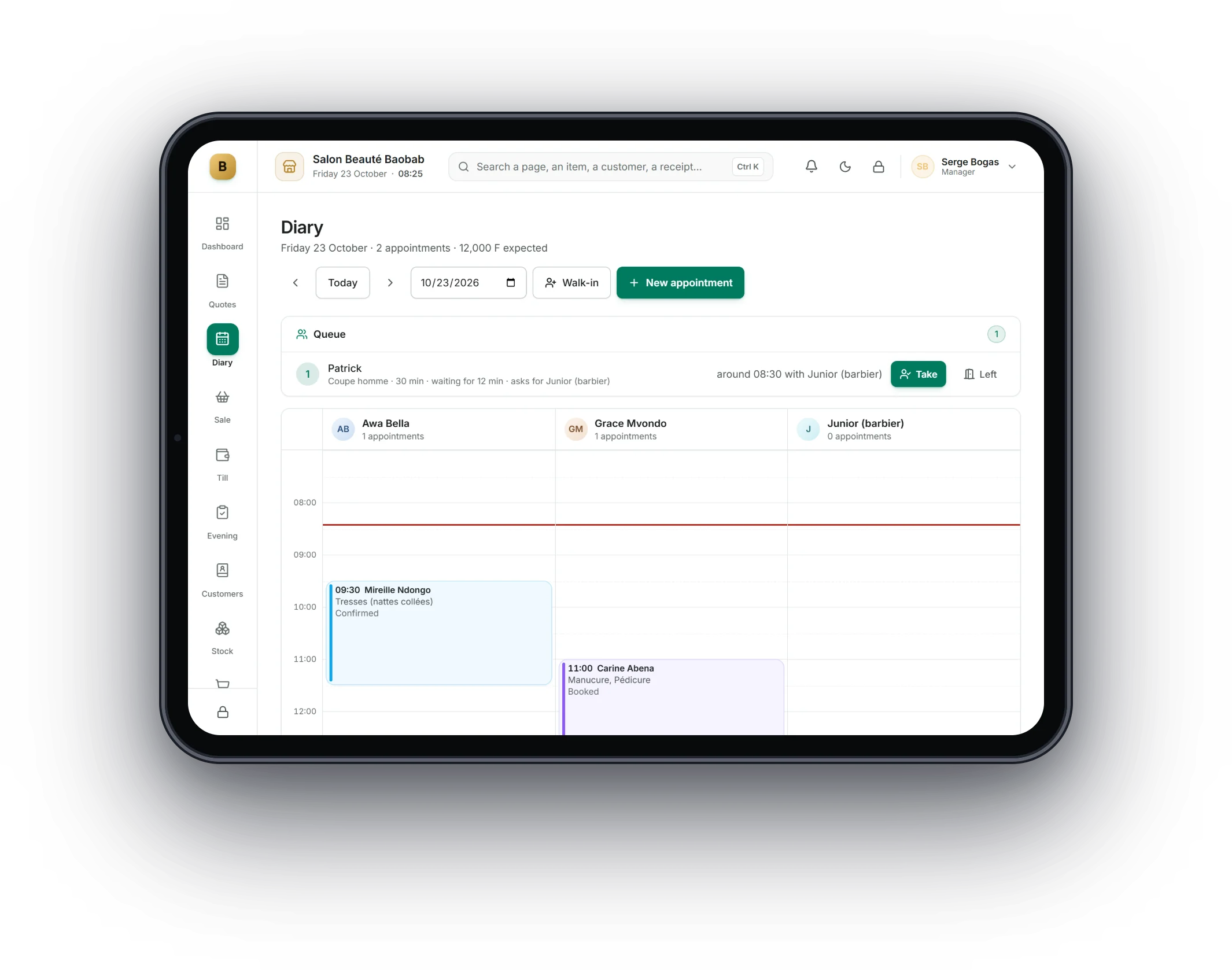 Bogas POS on a tablet: Salons and spas