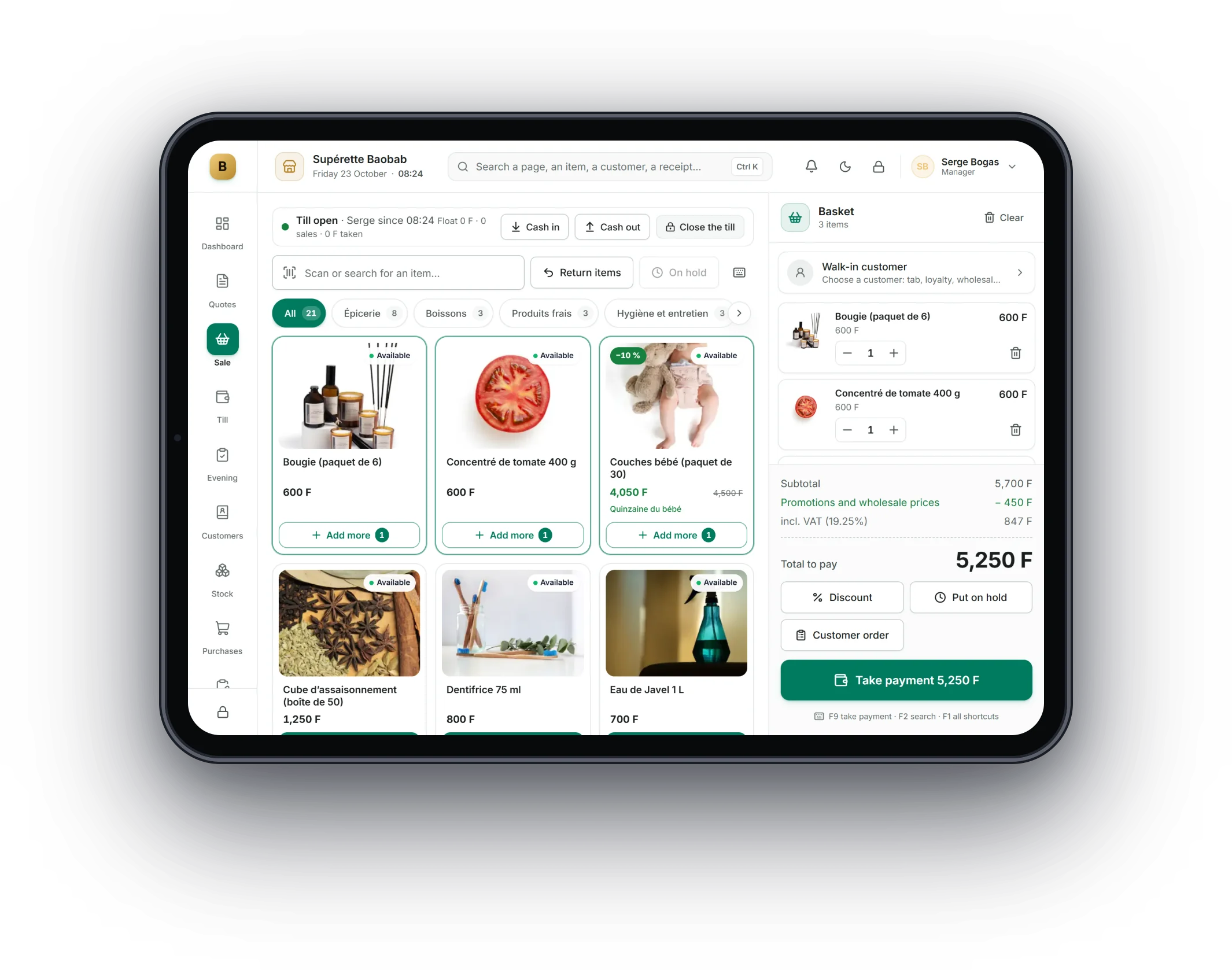 Bogas POS on a tablet: Grocery stores and shops
