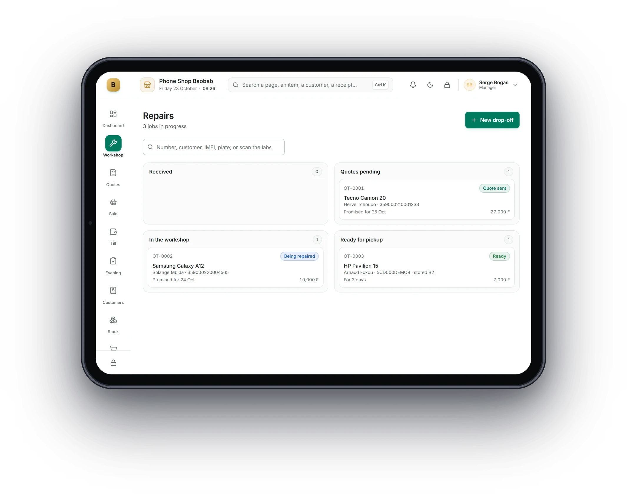 Bogas POS on a tablet: Phones and electronics