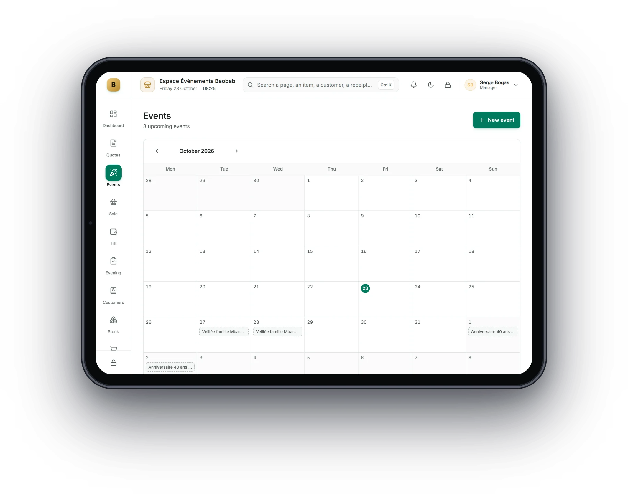 Bogas POS on a tablet: Venues and events
