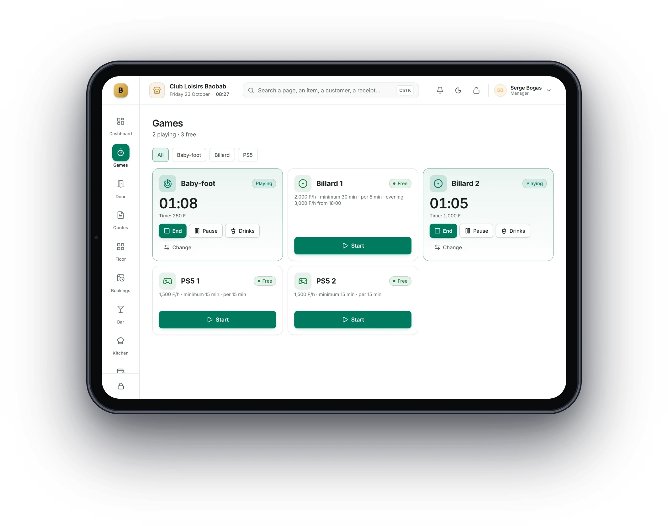 Bogas POS on a tablet: Nightclubs and leisure