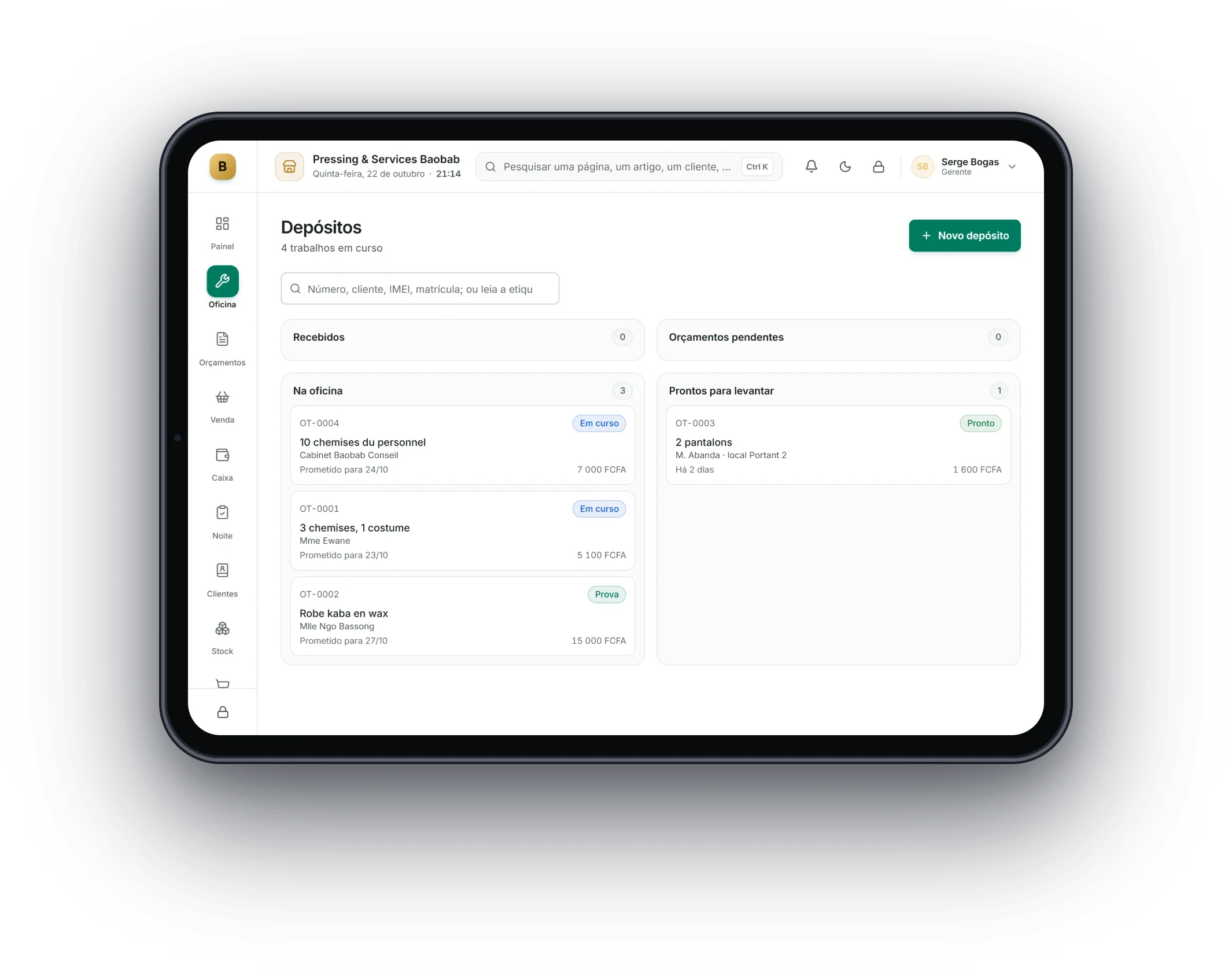Bogas POS num tablet: Lavandarias, gráficas, costura