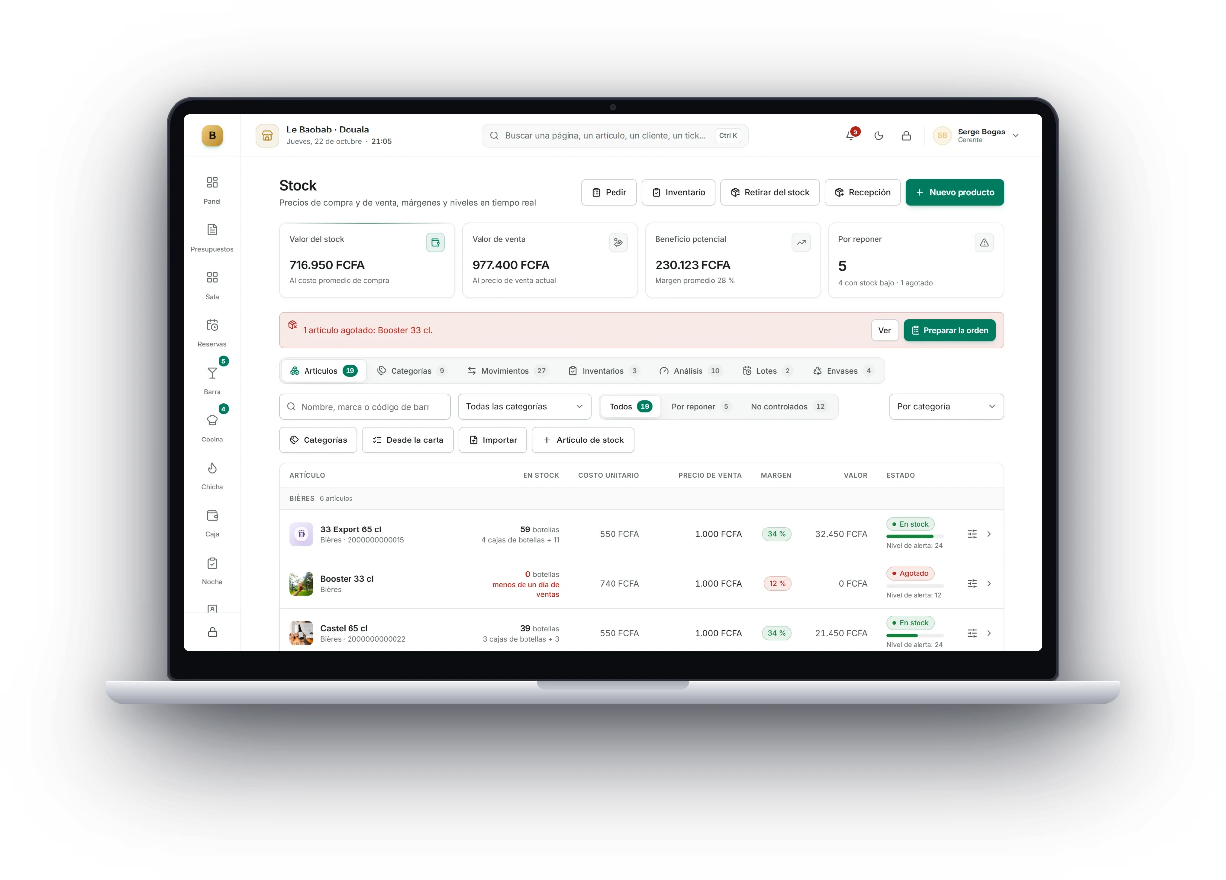 Gestión del stock con su valor, los márgenes y los artículos por reponer