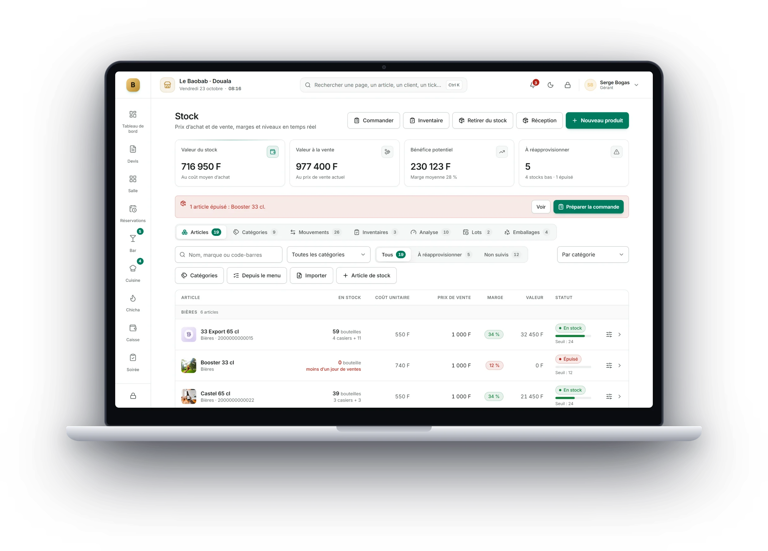 Gestion du stock avec la valeur, les marges et les articles à réapprovisionner